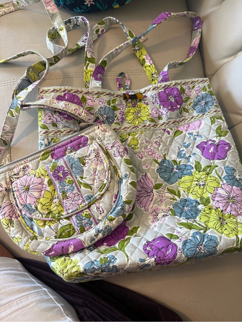 Vera Bradley Floral Quilted Tote with Matching Crossbody — Purple, Blue, Green